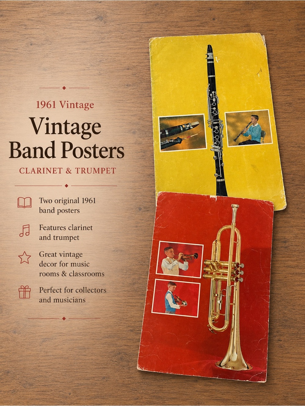 Vintage Clarinet & Trumpet Band Posters - Yellow & Red